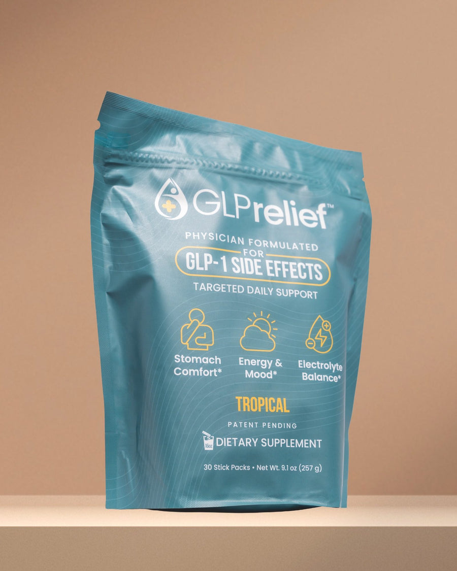 Front of a GLPrelief bag, tropical flavor drink mix, 30 stick packs