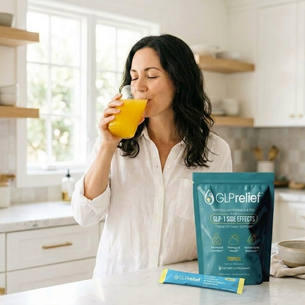 Woman drinking GLPrelief in her kitchen