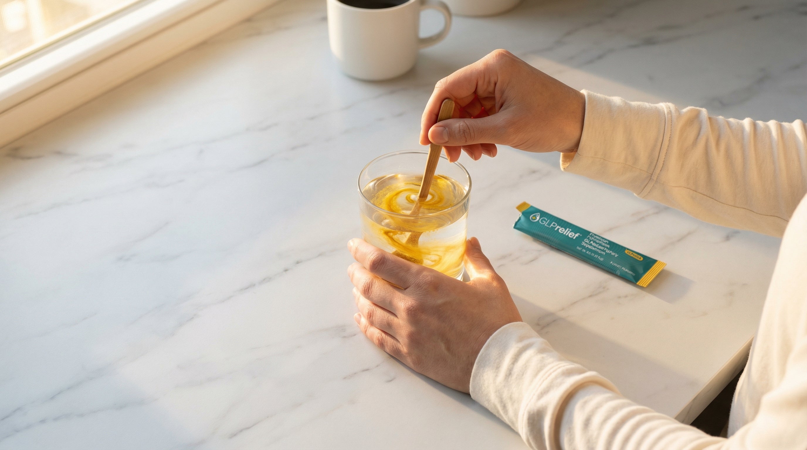 Person stirring a glass of yellow liquid on a marble surface with a green packet next to it.