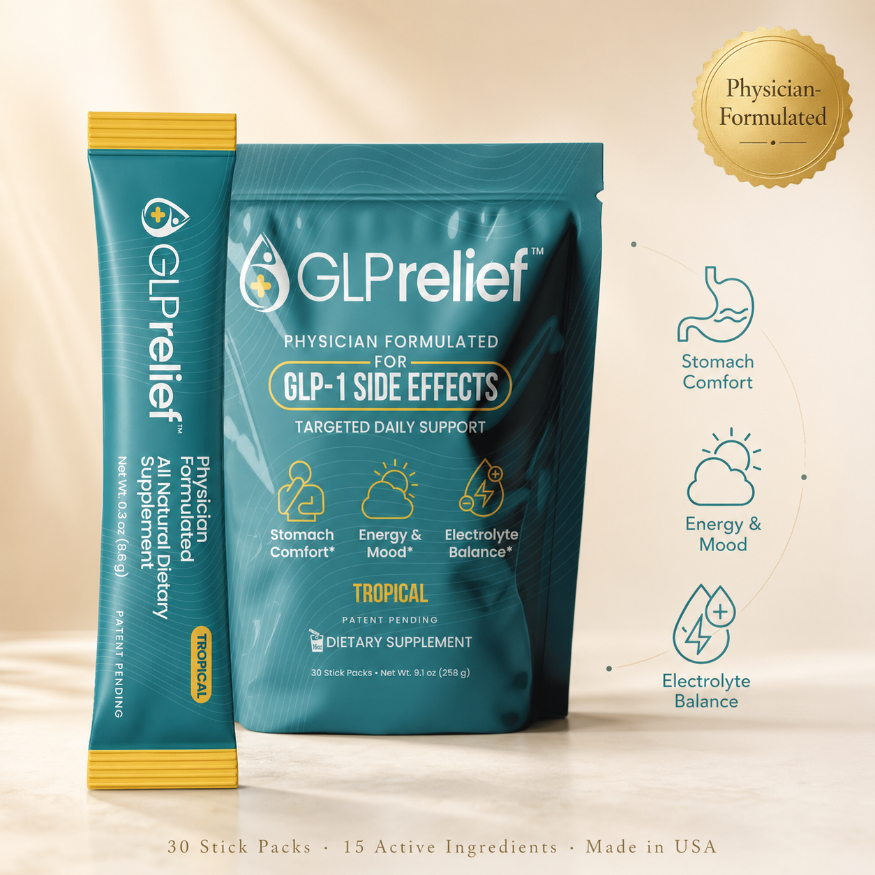 GLPrelief package with tropical fruit flavor on a blurred natural background