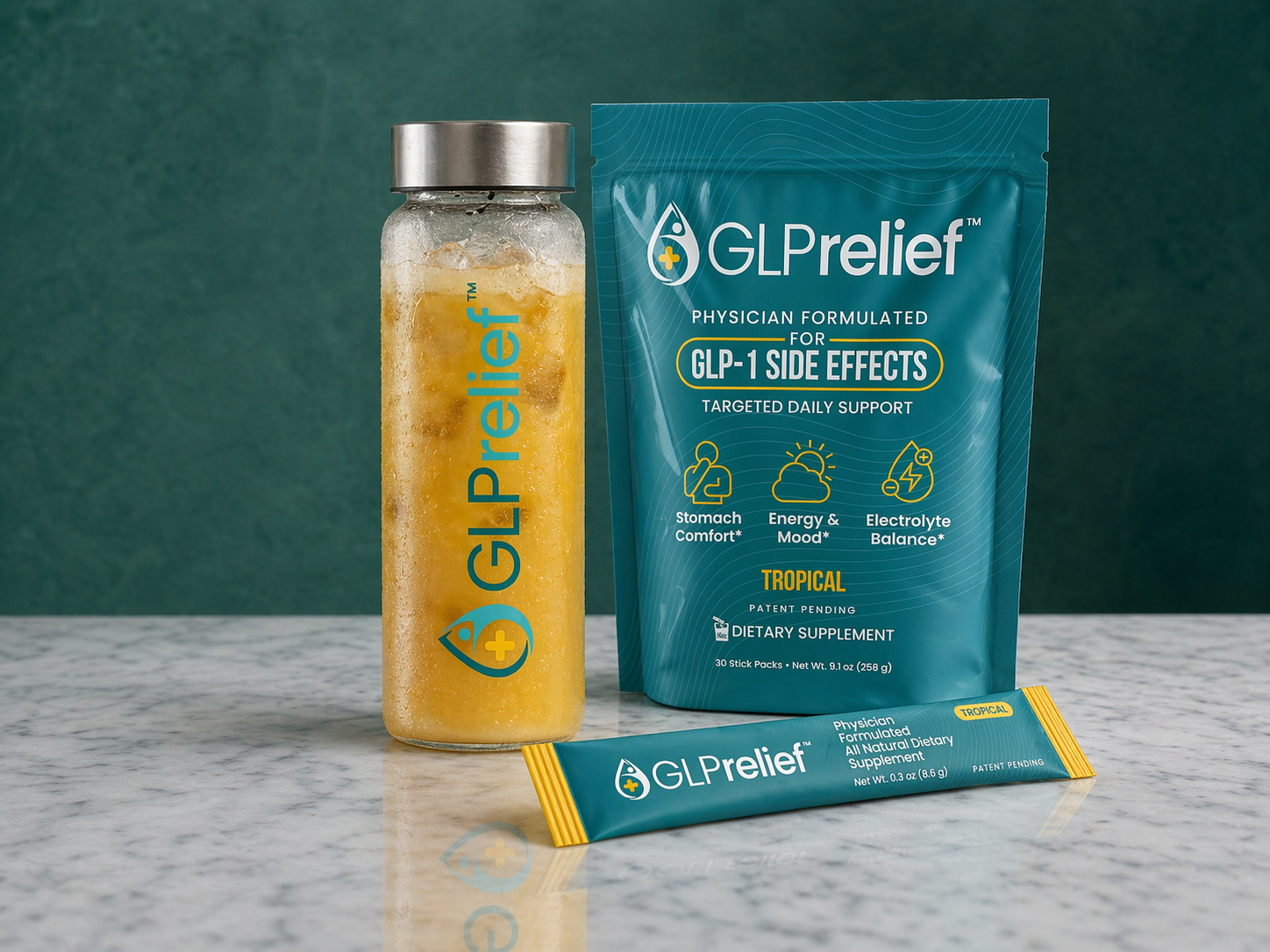 GLPrellief supplement bottle and packaging on a marble surface with a green background