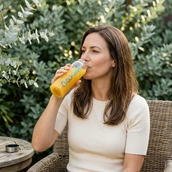 Woman enjoying GLPrelief drink outdoors