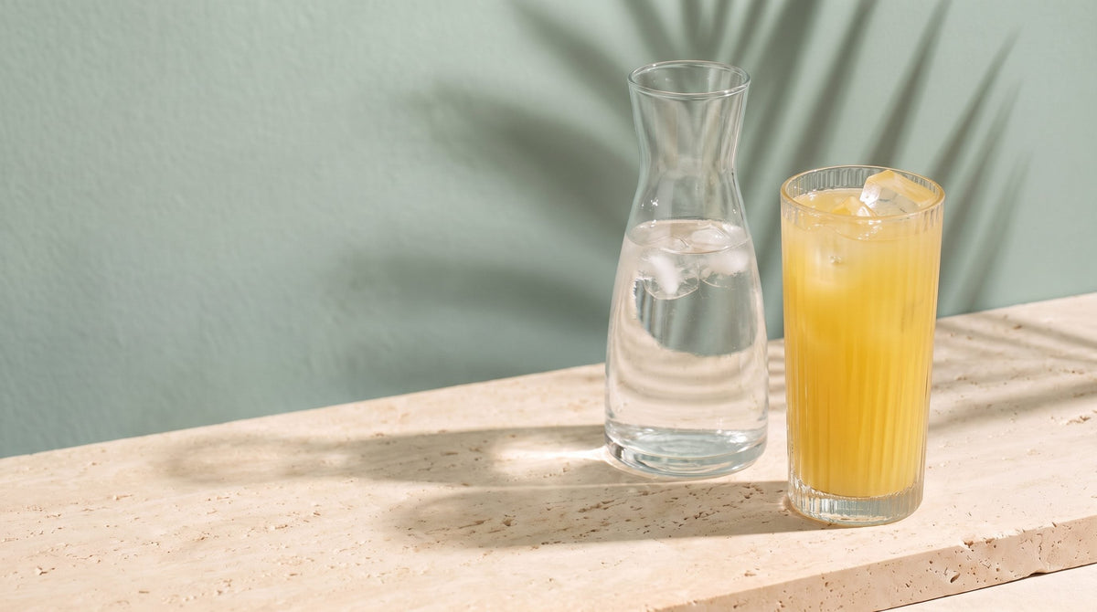 A carafe of iced water beside a glass of golden drink on a travertine ledge in morning sun