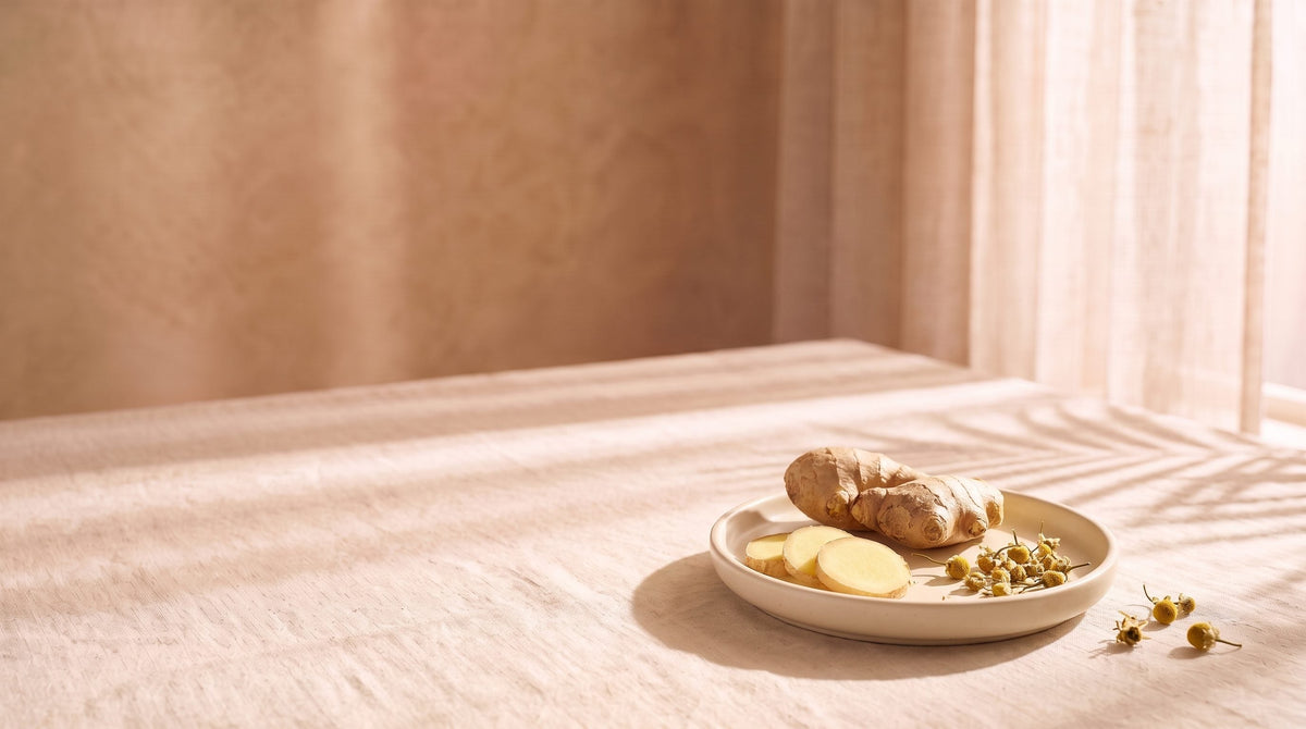 Fresh ginger root with sliced coins and loose chamomile flowers on a cream dish in morning sun