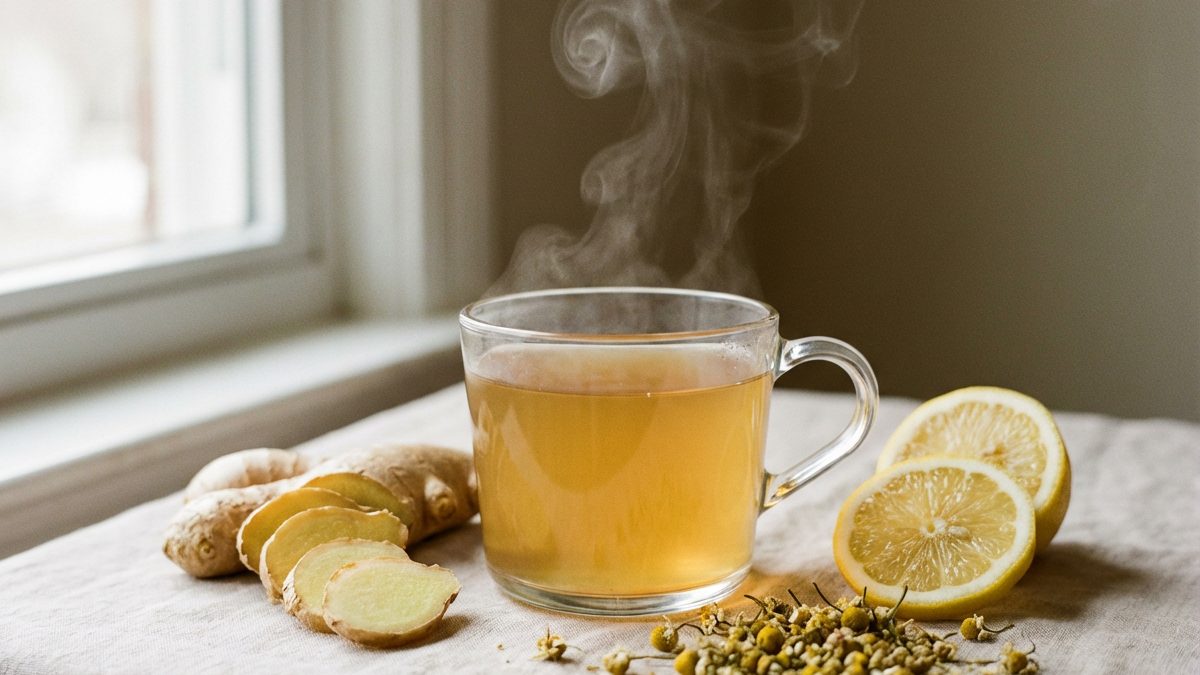 A cup of ginger tea with lemon slices and chamomile by a window